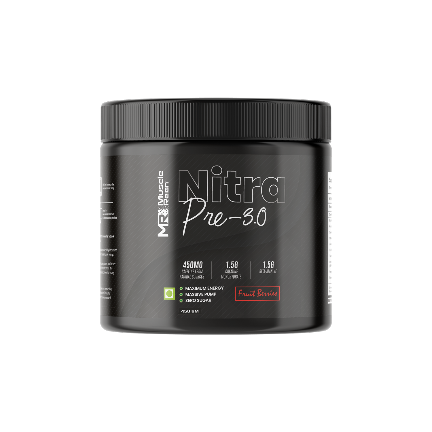 Muscle Reign Nitra Pre 3.0 pre workout supplement in a black container for enhanced energy and performance